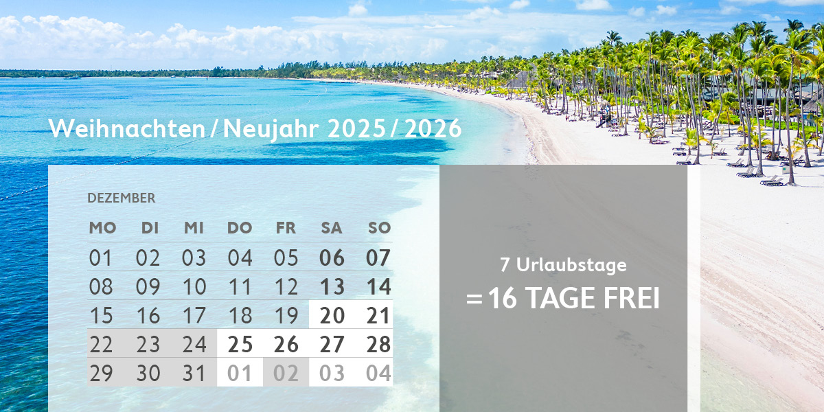 Kalenderblatt Dezember 2025. Darstellung der Brückentage um Weihnachten 2025 und Neujahr 2026. 7 Urlaubstage einreichen und 16 Tage am Stück frei. Im Hintergrund eom Strand von Mexiko.