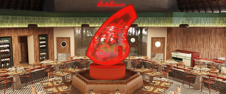 Gemütliches Restaurant mit vielen Sitzmöglichkeiten rund herum um eine zentrale hervorgehobene rote Statue. Schriftzug „Barbecue“ über dem Bereich.