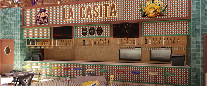 Bar „La Casita“ mit bunten Barhockern, gemütlich und zugleich farbenfroh mit Karomustern gestaltet.