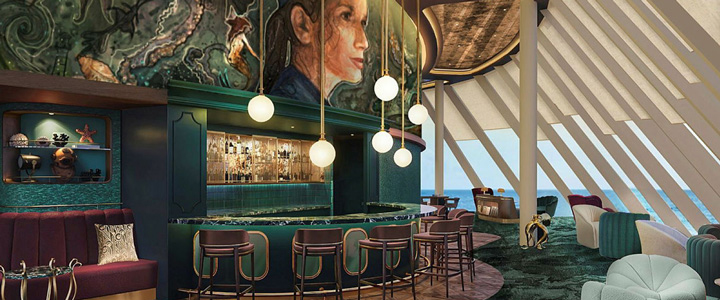 Elegante Captain's Bar an Bord der Mein Schiff Flow mit Ausblick aufs Meer.