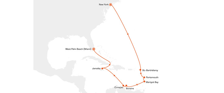 Kartenausschnitt mit verschiedenen Reisezielen (New York, St. Barthélemy, Portsmouth, Marigot Bay, Bonaire, Curaçao, , Jamaika und West Palm Beach (Miami).