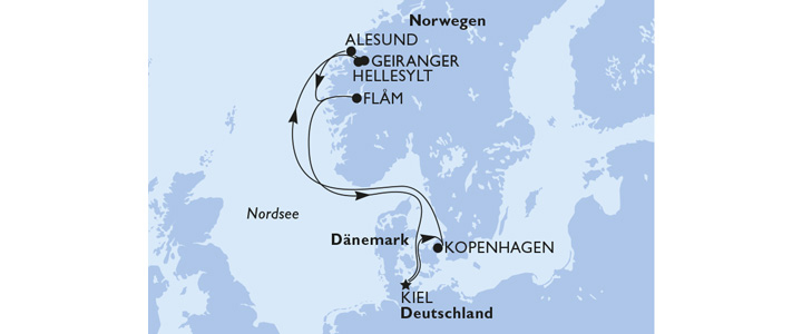 Kartenausschnitt mit verschiedenen Reisezielen von Deutschland über Dänemark bis nach Norwegen.