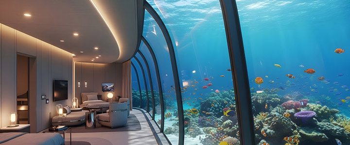 Beeindruckender Ausblick aus einer luxoriös eingerichteten Unterwassersuite in die Korellanriffe mit bunten Fischen.