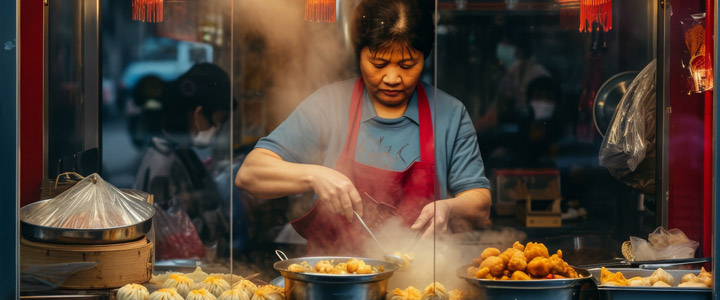 Blick in eine typische asiatische Garküche mit vorbereitetem Streetfood und einer Köchen, die das Essen zubereitet.