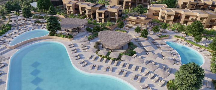 Die außergewöhnliche Architektur umrahmt von einer naturlich angelegten Poolanlage schaffen im ananea Rocrita ein Gefühl von ruhiger Exklusivität.